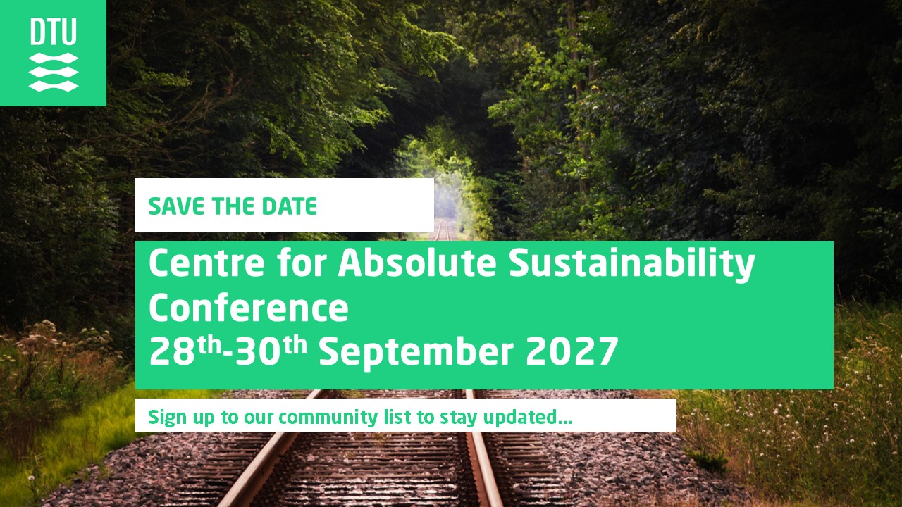 Graphic says "save the date. Centre for Absolute Sustainability Conference, 28th-30th September 2027. Konventum, Helsingør, Denmark. Sign up to our community list to stay upated"